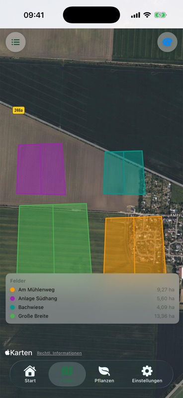 Die Feldkarte von Agrondo. Vier farbige Grenzen liegen über dem Satellitenbild, darunter stehen Am Mühlenweg, Anlage Südhang, Bachwiese und Große Breite mit ihren Flächen.