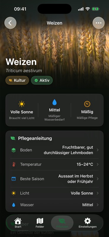 Die Seite Weizen in Agrondo, mit einer Pflegeanleitung zu Boden, Temperatur, bester Saison, Licht und Wasser.