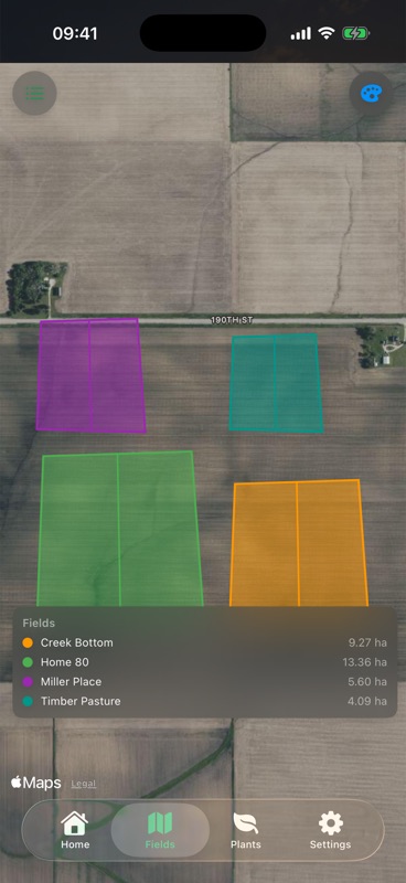 Agrondo's field map. Four coloured boundaries are drawn over satellite imagery, with Creek Bottom, Home 80, Miller Place and Timber Pasture listed underneath with their areas.