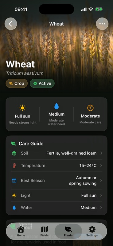 The Wheat page in Agrondo, with a care guide listing soil, temperature, best season, light and water.