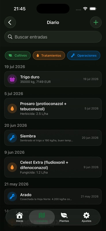 El diario de Agrondo. Entradas de una cosecha de trigo duro, un herbicida a 2.5 litros por hectárea, una siembra, un fungicida y un arado, cada una con su fecha.