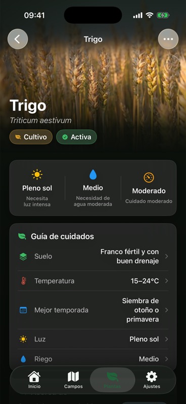 La ficha del trigo en Agrondo, con una guía de cuidados que indica suelo, temperatura, mejor temporada, luz y riego.