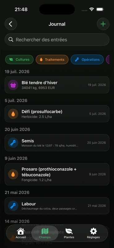 Le journal d'Agrondo. Des entrées pour une récolte de blé tendre d'hiver, un herbicide à 2.5 litres par hectare, un passage de semis, un fongicide et un labour, chacune datée.