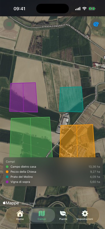 La mappa satellitare di Agrondo con quattro confini di campo disegnati sopra, ognuno con il suo colore, e sotto una legenda con Campo dietro casa 13,36 ha, Pezzo della Chiesa 9,27 ha, Prato del Molino 4,09 ha e Vigna di sopra 5,60 ha.