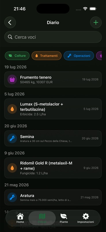 Il diario di Agrondo raggruppato per data: un raccolto di frumento tenero di 50.465 kg per 10.307 EUR il 19 luglio 2026, un erbicida a 2.5 litri per ettaro, una semina sul Pezzo della Chiesa il 20 giugno, un fungicida a 1.2 litri per ettaro e un’aratura il 21 maggio, con sopra i filtri per colture, trattamenti e operazioni.