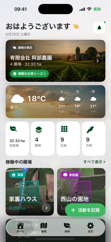 Agrondoのホーム画面。有限会社 阿部農園の農場概況は圃場4枚で32.33ヘクタール。3日間の天気予報と、区画9、作物9のカウンターが並んでいます。