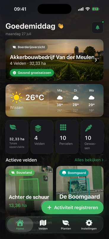 Het beginscherm van Agrondo: een boerderijoverzicht van 4 velden over 32,33 hectare, een weersverwachting voor drie dagen, en tellingen van percelen en gewassen.