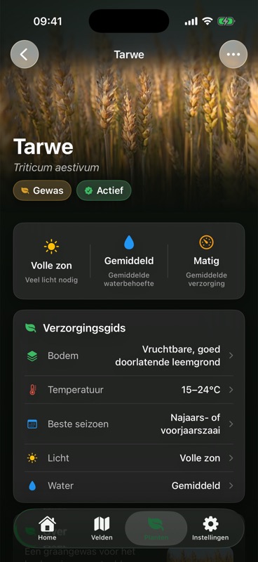 De pagina Tarwe in Agrondo, met een verzorgingsgids die bodem, temperatuur, beste seizoen, licht en water opsomt.