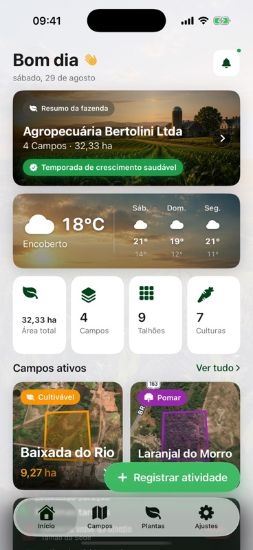 A tela inicial do Agrondo: um resumo da Agropecuária Bertolini Ltda com 4 campos em 32,33 hectares, a previsão do tempo de três dias e os contadores de 9 talhões e 7 culturas.