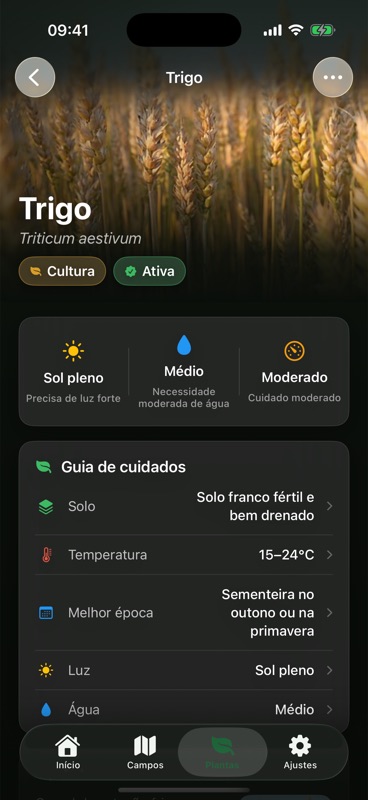 A página do trigo no Agrondo, com um guia de cuidados que lista solo, temperatura, melhor época, luz e água.