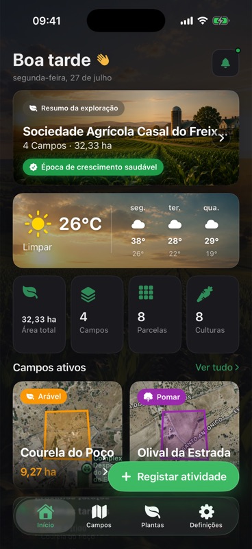 O ecrã inicial do Agrondo: um cartão de resumo da exploração Sociedade Agrícola Casal do Freixo, Lda. com 4 campos e 32,33 ha, um cartão de previsão com 26 graus e os três dias seguintes, e depois os contadores de 32,33 ha de área total, 4 campos, 8 parcelas e 8 culturas.
