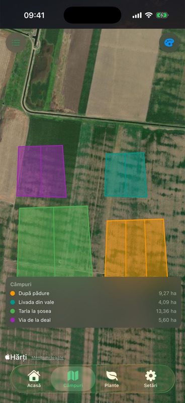 Harta câmpurilor din Agrondo. Patru contururi colorate, desenate peste imagini din satelit, iar dedesubt După pădure, Livada din vale, Tarla la șosea și Via de la deal, cu suprafețele lor.