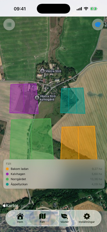 Agrondos satellitkarta med fyra fältgränser inritade, var och en i sin egen färg, ovanför en förteckning med Bakom ladan 9,27 ha, Kalvhagen 5,60 ha, Norrgärdet 13,36 ha och Äppellyckan 4,09 ha.