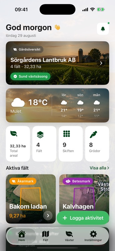 Agrondos startskärm: en gårdsöversikt för Sörgårdens Lantbruk AB med 4 fält och 32,33 ha, en väderruta med 26 grader och de tre närmaste dagarna, sedan räknare för 32,33 ha total areal, 4 fält, 9 skiften och 8 grödor.