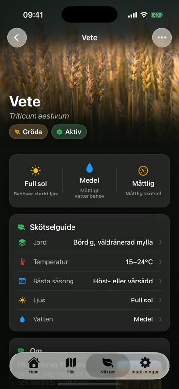 Vetesidan i Agrondo, med en skötselguide som listar jord, temperatur, bästa säsong, ljus och vatten.