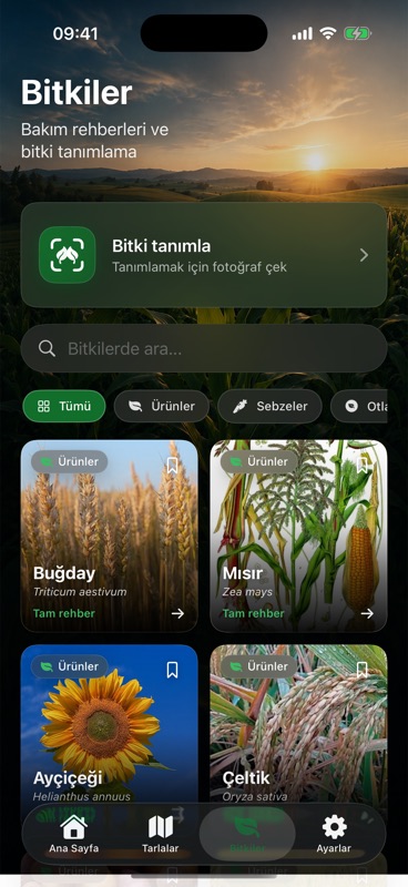 Agrondo'nun Bitkiler sekmesi; fotoğraftan bitki tanımlama düğmesinin altında buğday, mısır, ayçiçeği ve çeltik bakım rehberleri.