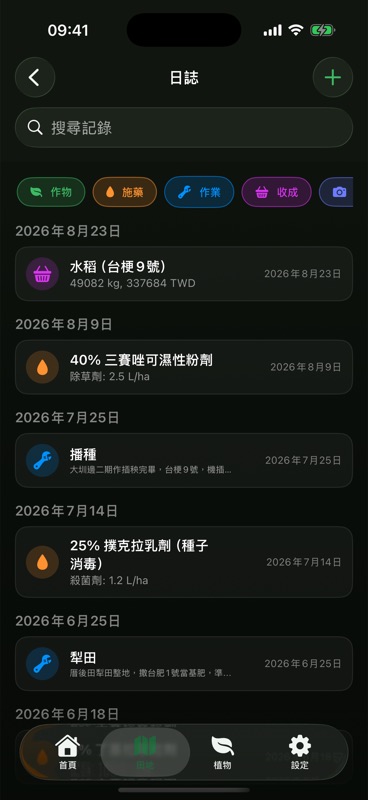 Agrondo 的日誌。裡面有一筆水稻收成、每公頃 2.5 公升的除草劑、一次播種作業、一次殺菌劑，還有一次犁田作業，每筆都有日期。